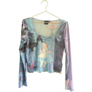 Disney Alice In Wonderland Long Sleeve Mesh Printed Top Size XL